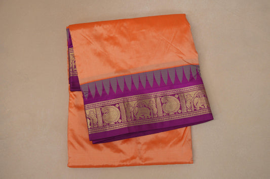 Deep saffron with magenta borders Ten yards silk saree
