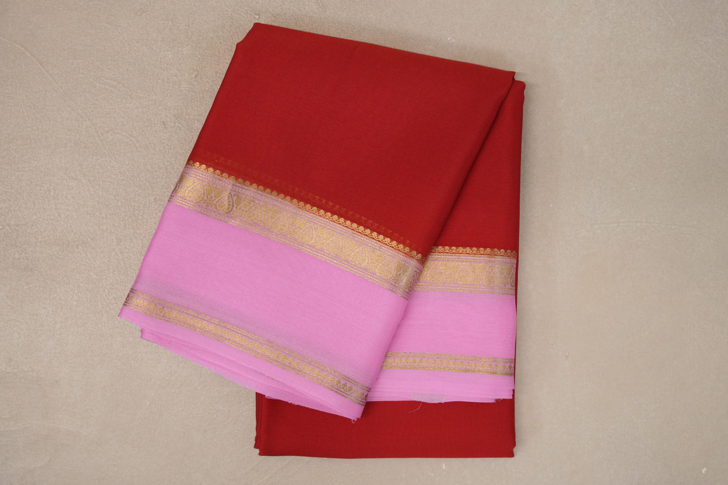 Bright Red with Pink Borders Mysore Silk Saree