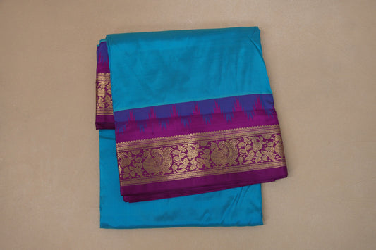 Deep sky Blue with magenta Borders Ten Yards Silk Saree by Shreenivas silks