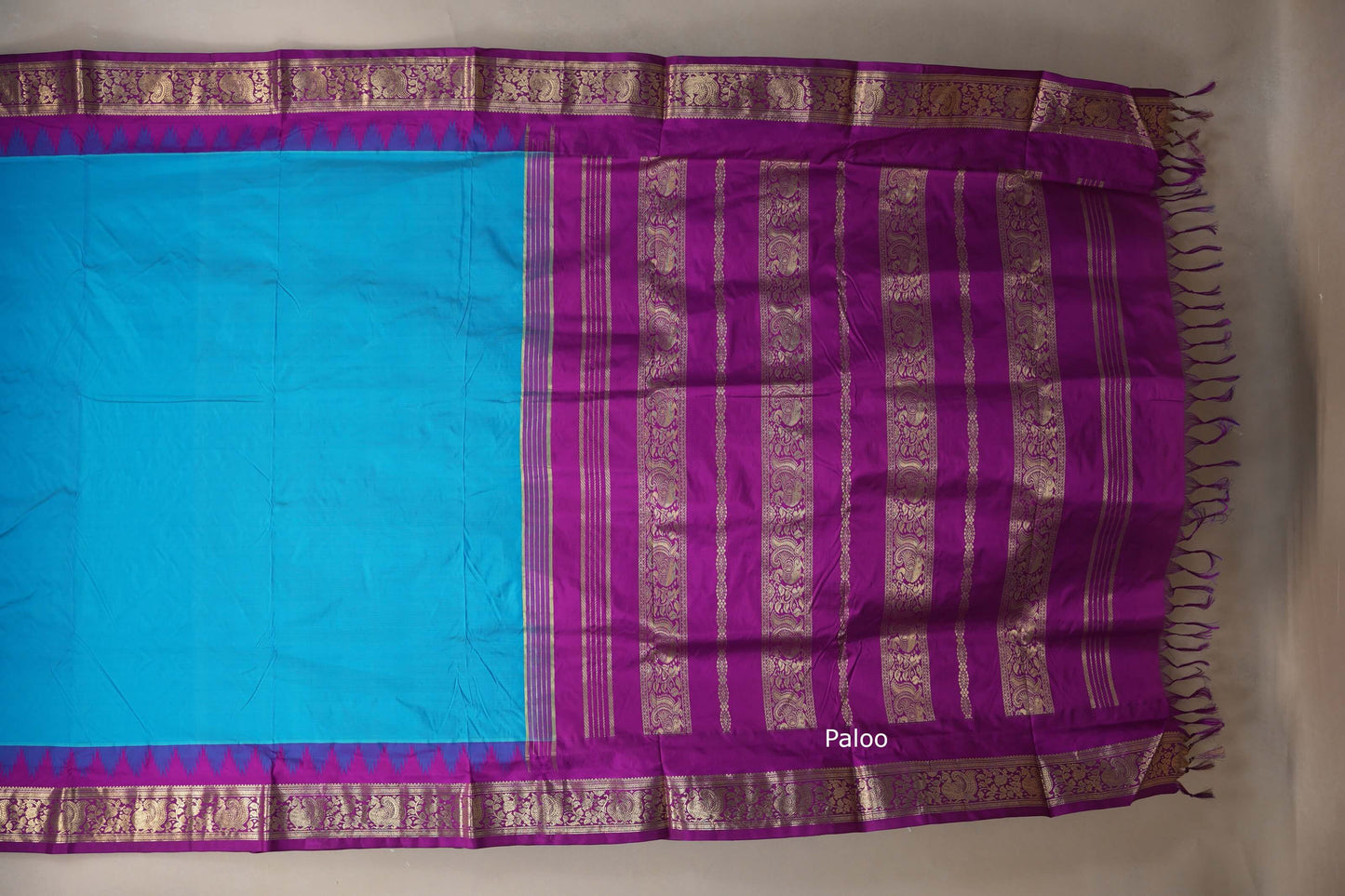 Deep sky Blue with magenta Borders Ten Yards Silk Saree by Shreenivas silks paloo