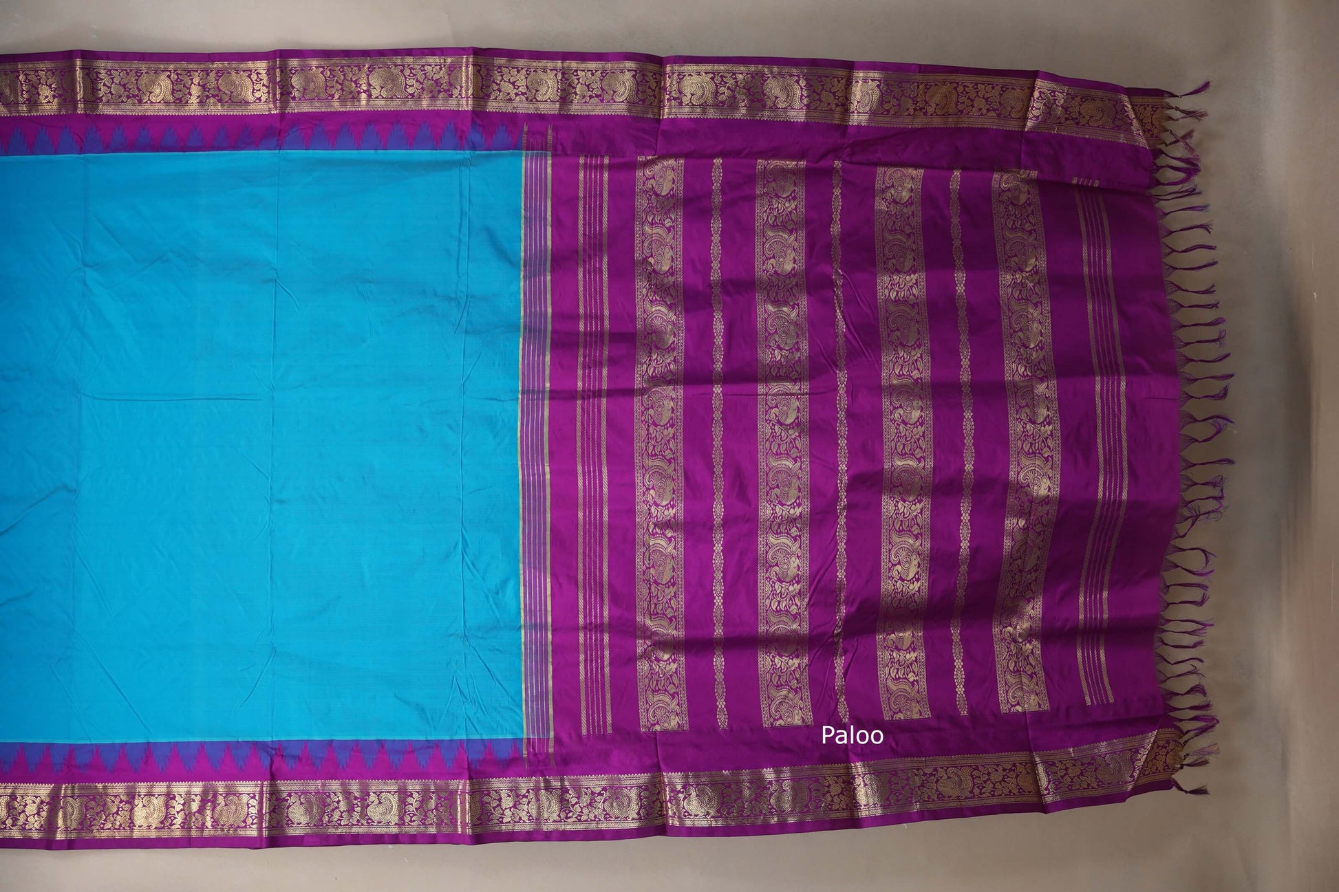 Deep sky Blue with magenta Borders Ten Yards Silk Saree by Shreenivas silks paloo