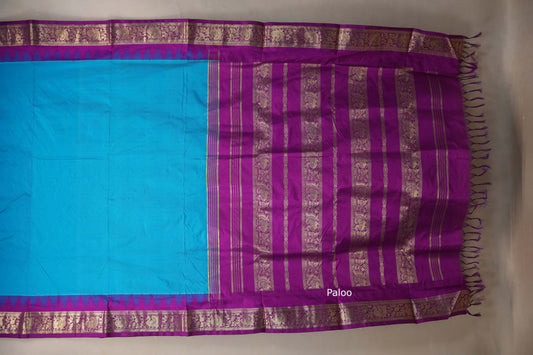Deep sky Blue with magenta Borders Ten Yards Silk Saree by Shreenivas silks paloo