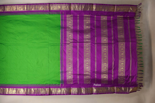 Parrot Green with purple borders Ten yards silk saree paloo