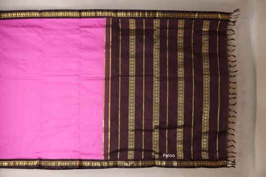 Hot pink with Dark coffee brown Borders Ten Yards Silk Saree paloo