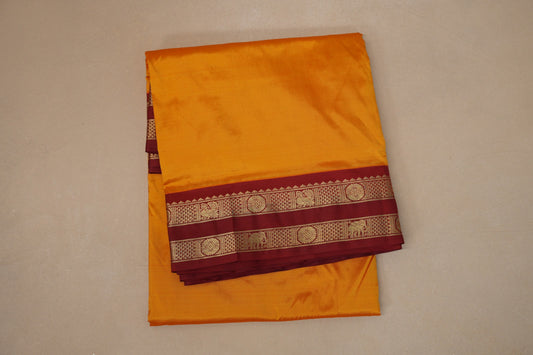 Mango yellow with maroon borders Ten Yards Silk Saree