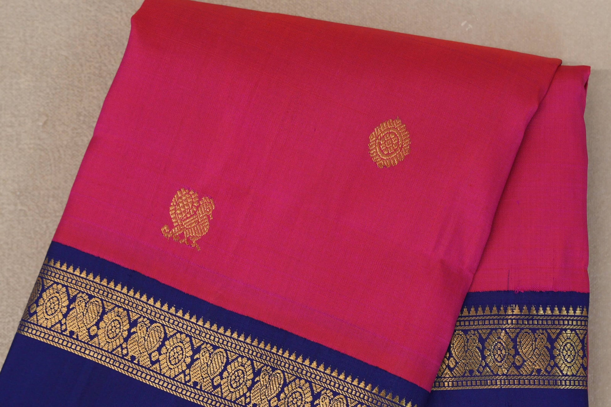 Rani Pink with Deep Blue Rettai Pettu Borders Vintage Kanjivaram Silk Saree body