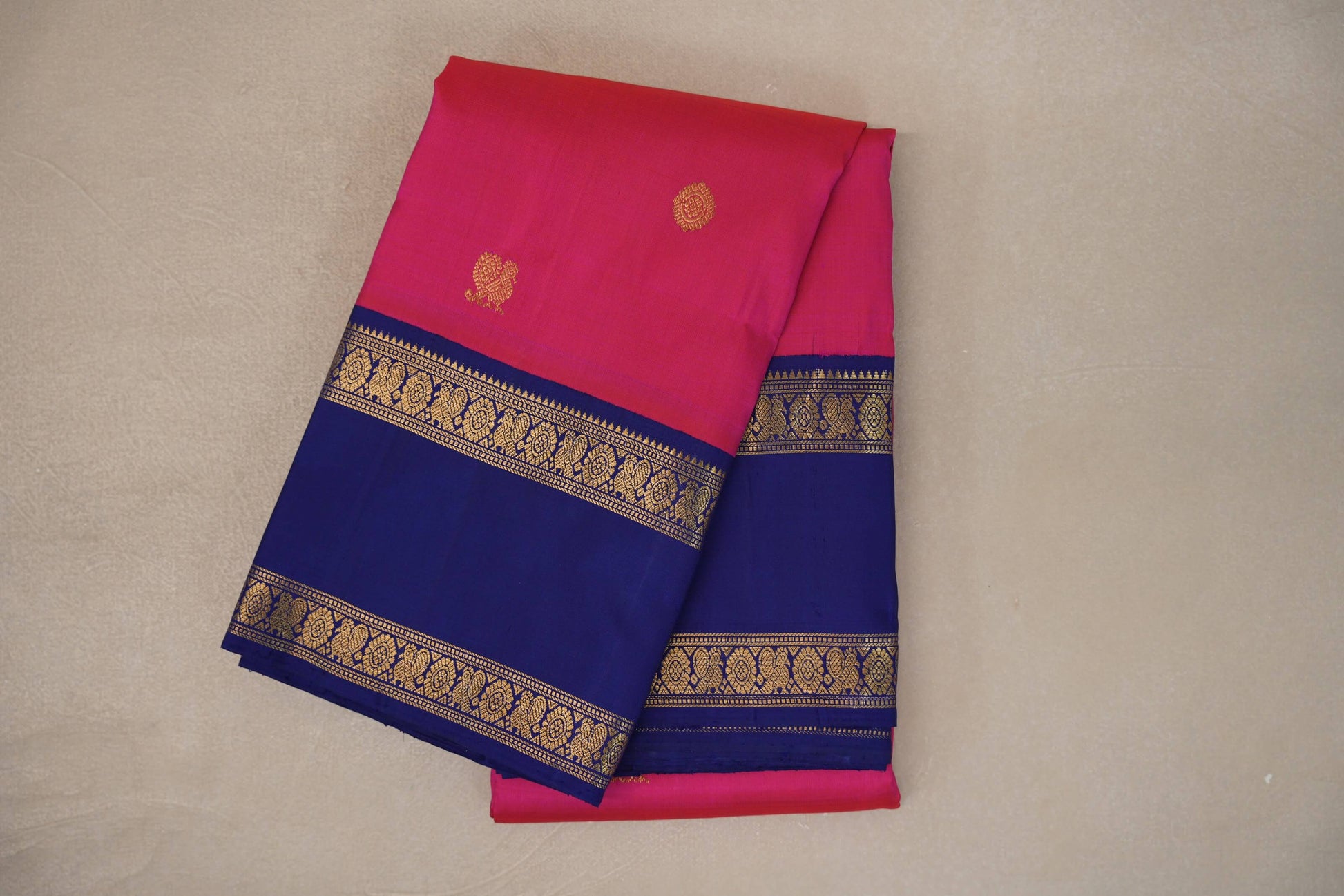 Rani Pink with Deep Blue Rettai Pettu Borders Vintage Kanjivaram Silk Saree