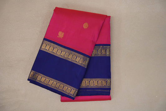 Rani Pink with Deep Blue Rettai Pettu Borders Vintage Kanjivaram Silk Saree