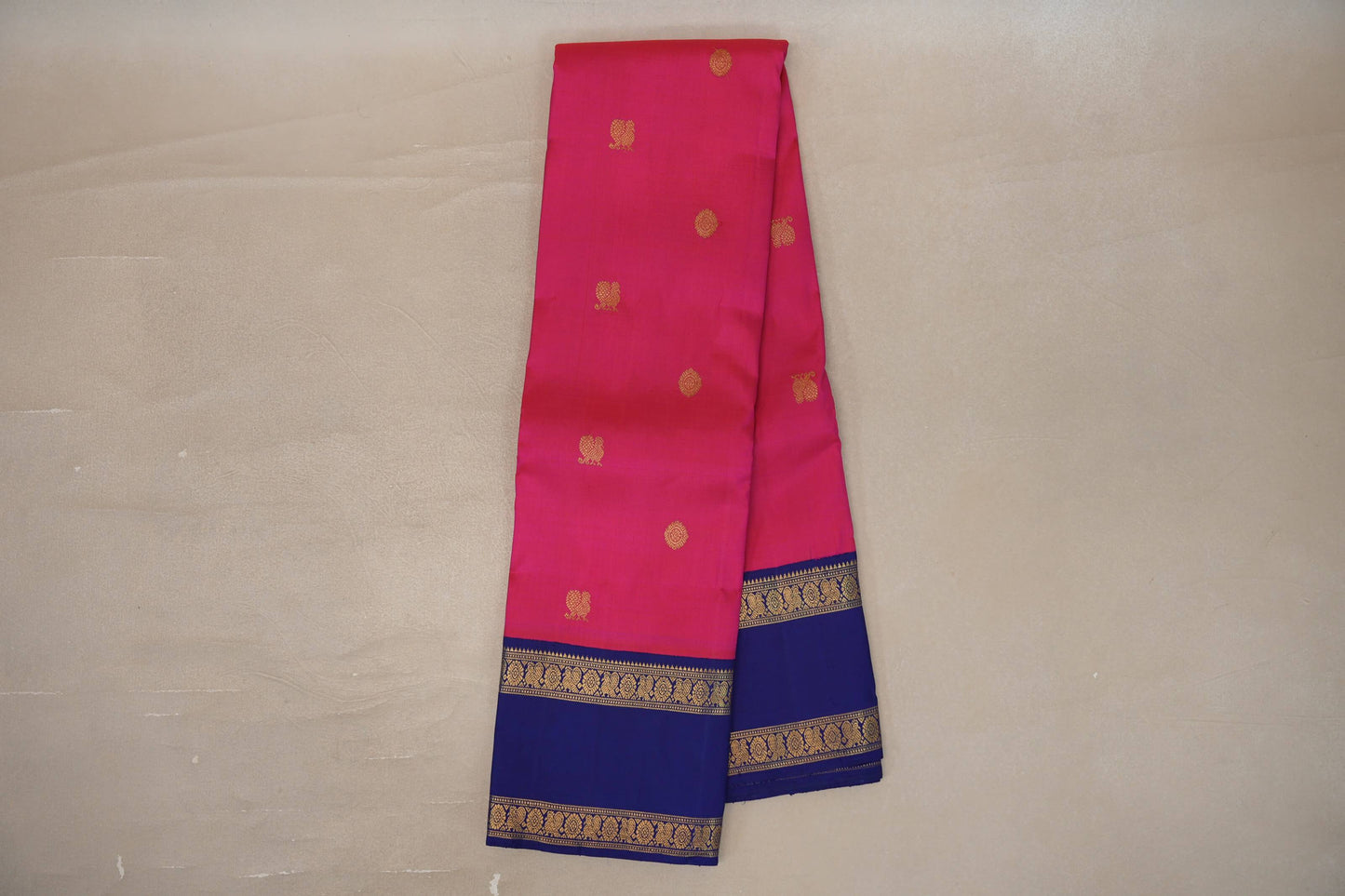 Online Rani Pink with Deep Blue Rettai Pettu Borders Vintage Kanjivaram Silk Saree