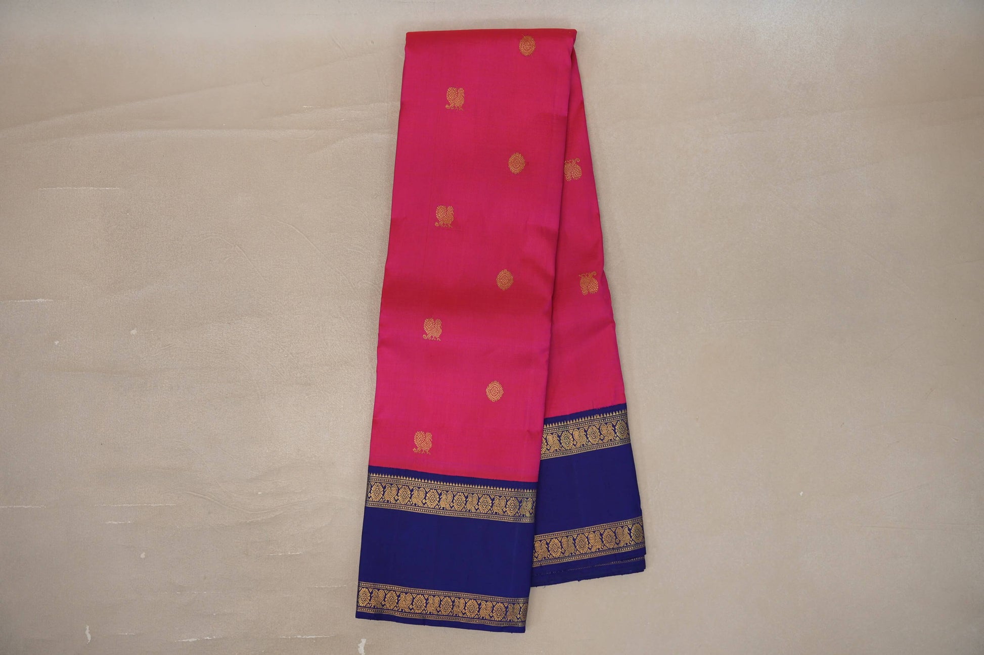 Online Rani Pink with Deep Blue Rettai Pettu Borders Vintage Kanjivaram Silk Saree