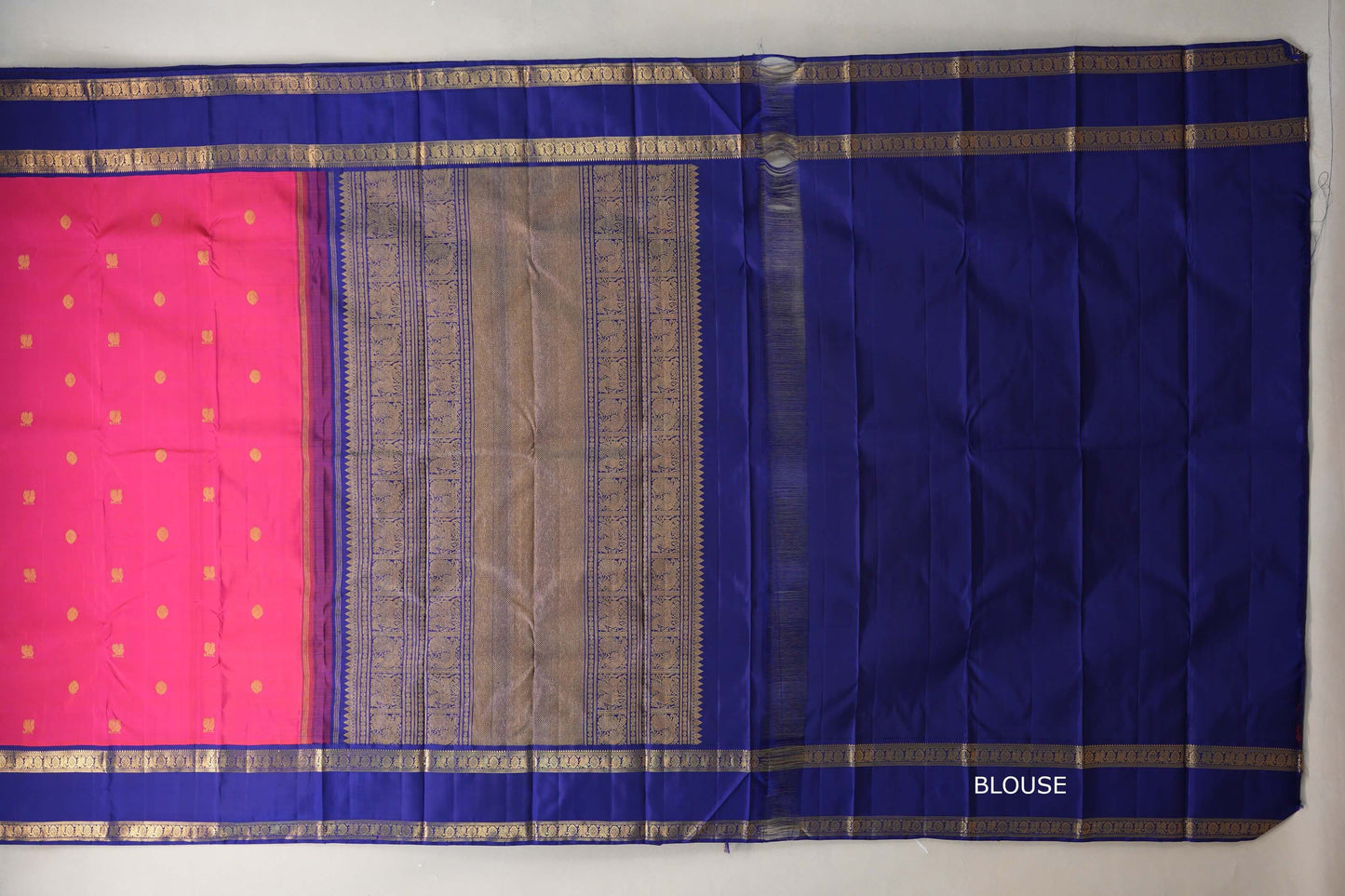 Rani Pink with Deep Blue Rettai Pettu Borders Vintage Kanjivaram Silk Saree blouse