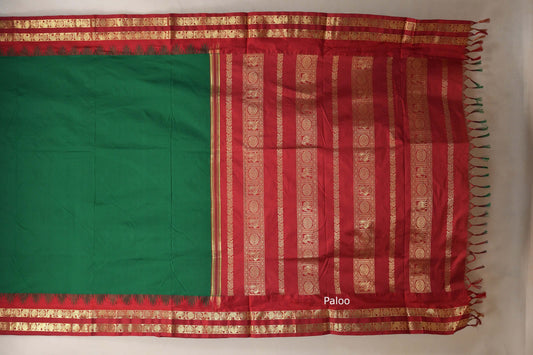 Bottle green with Reddish maroon borders Ten yards silk saree  paloo
