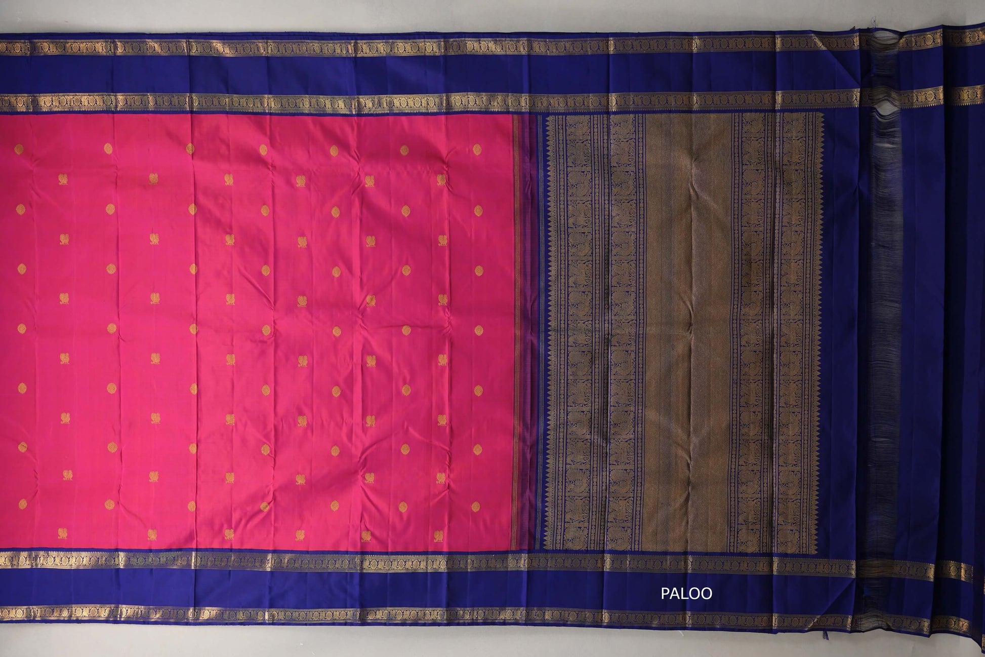 Rani Pink with Deep Blue Rettai Pettu Borders Vintage Kanjivaram Silk Saree paloo