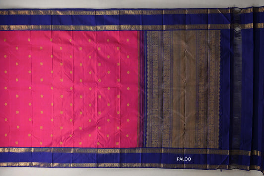 Rani Pink with Deep Blue Rettai Pettu Borders Vintage Kanjivaram Silk Saree paloo