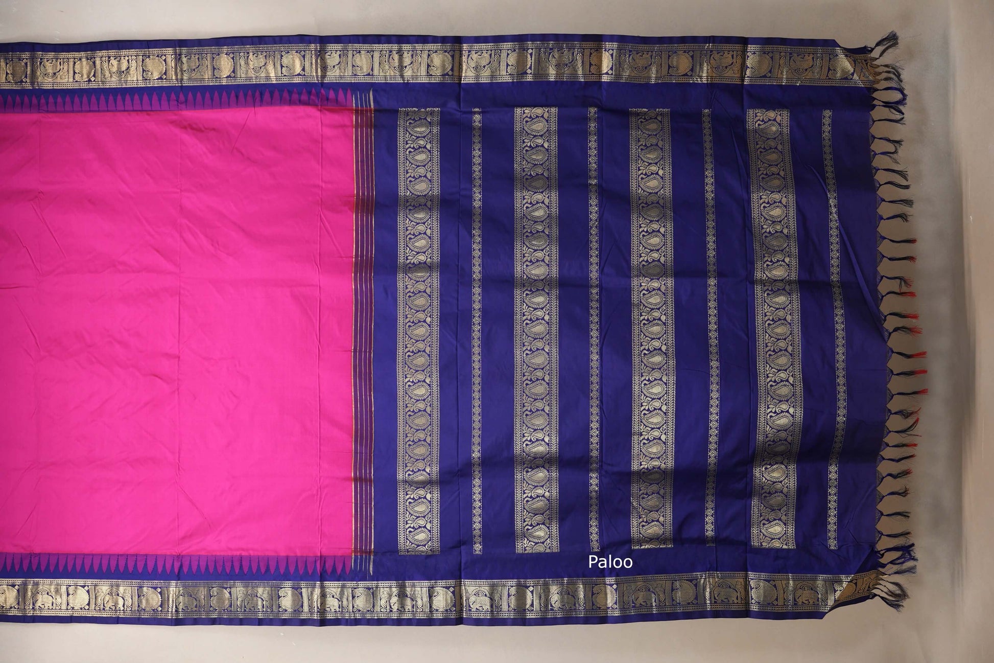 Rani pink with Deep Blue borders Ten yards silk saree