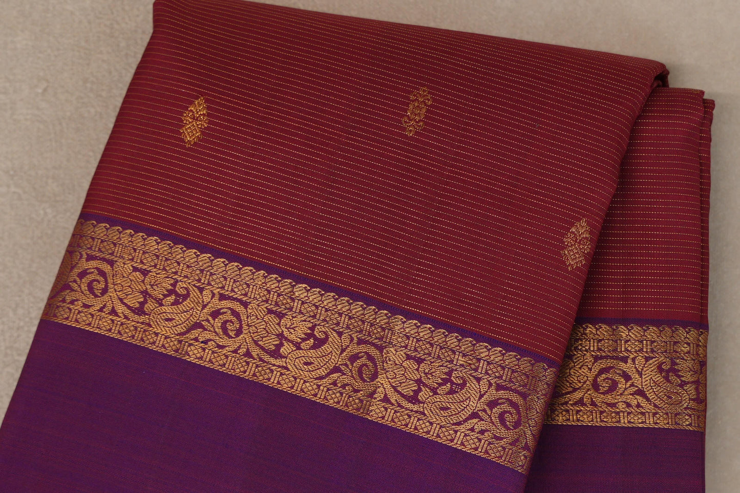 Deep Maroon with Dual Tone of Violet & Maroon Rettai Pettu Borders Vintage Kanjivaram Silk Saree body