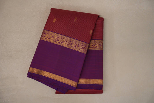 Deep Maroon with Dual Tone of Violet & Maroon Rettai Pettu Borders Vintage Kanjivaram Silk Saree