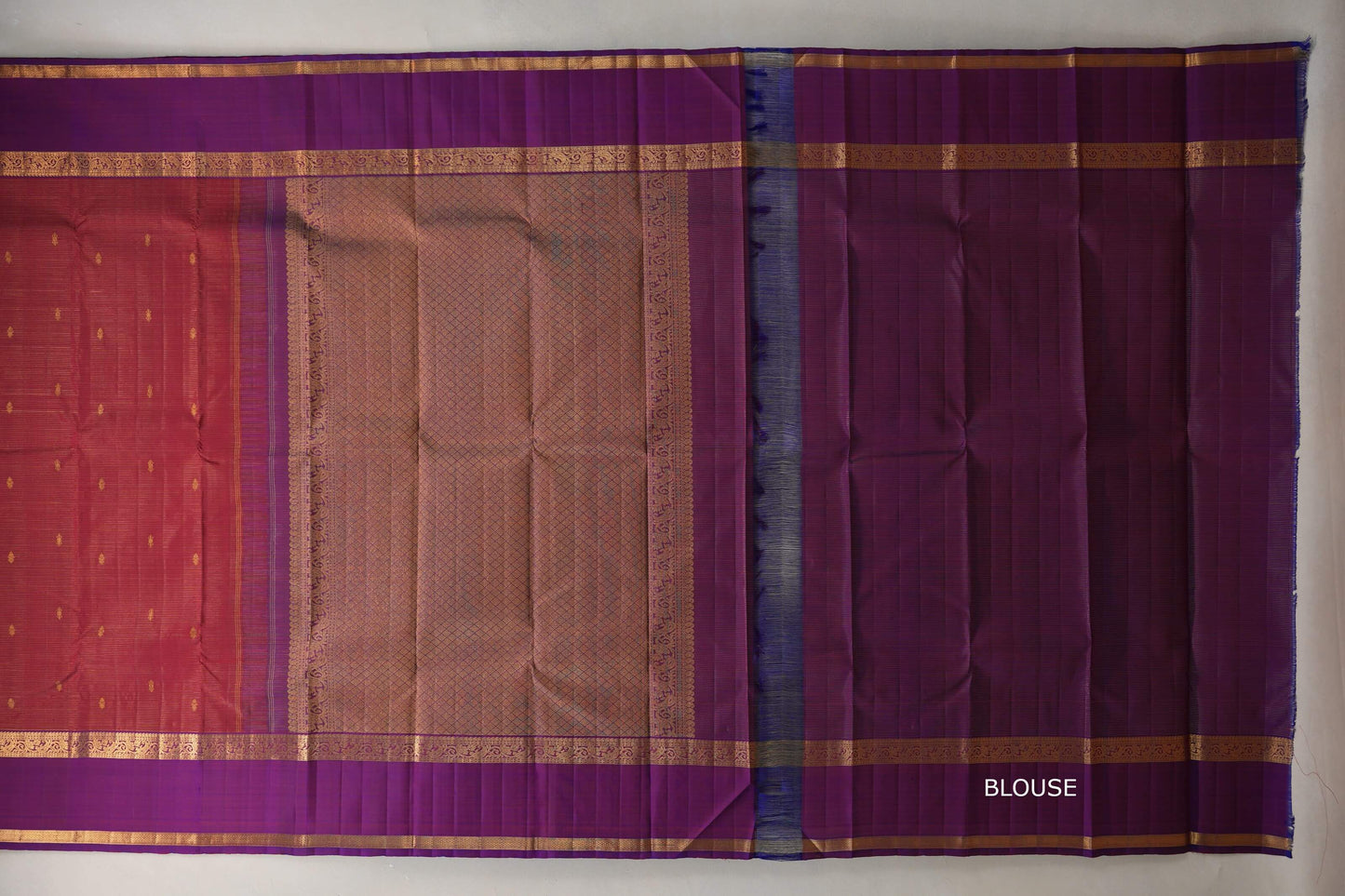 Deep Maroon with Dual Tone of Violet & Maroon Rettai Pettu Borders Vintage Kanjivaram Silk Saree blouse
