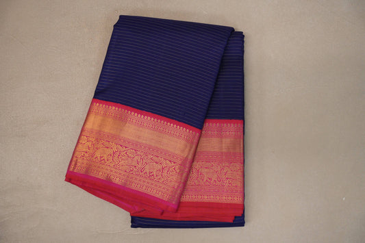 Deep Blue Vaira Oosi with Orangish Pink Borders Vintage Kanjivaram Silk Saree