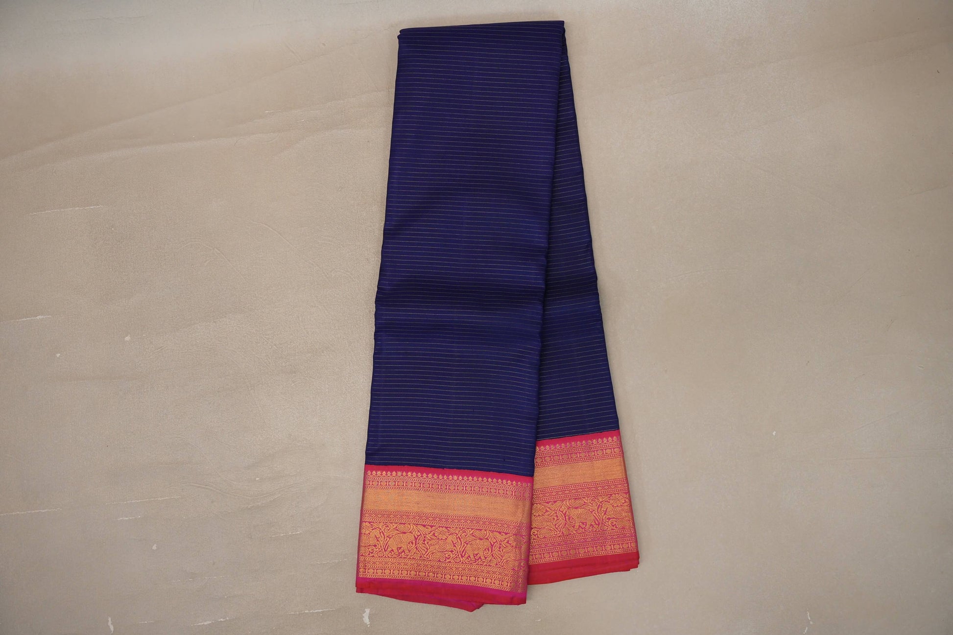 Online Deep Blue Vaira Oosi with Orangish Pink Borders Vintage Kanjivaram Silk Saree