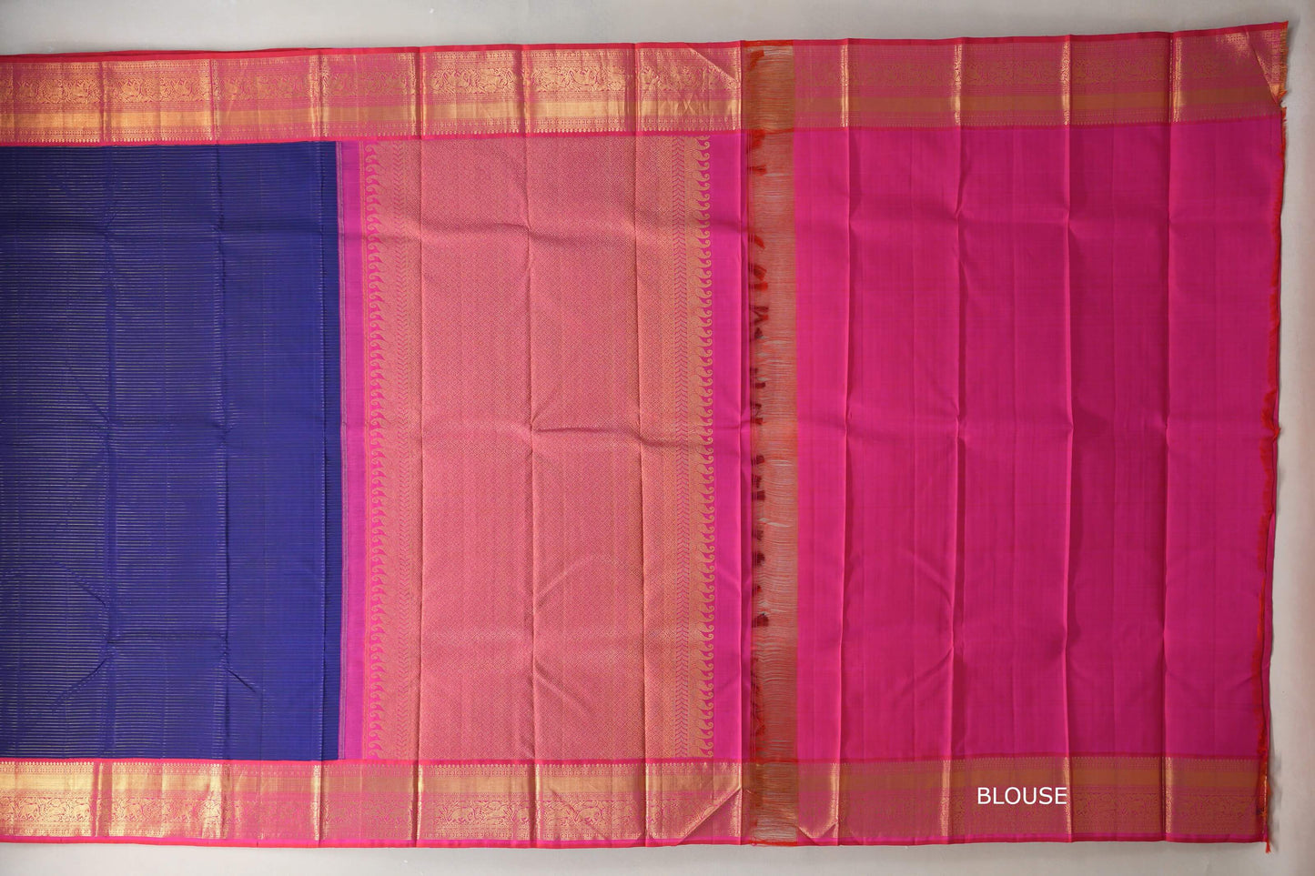 Deep Blue Vaira Oosi with Orangish Pink Borders Vintage Kanjivaram Silk Saree blouse