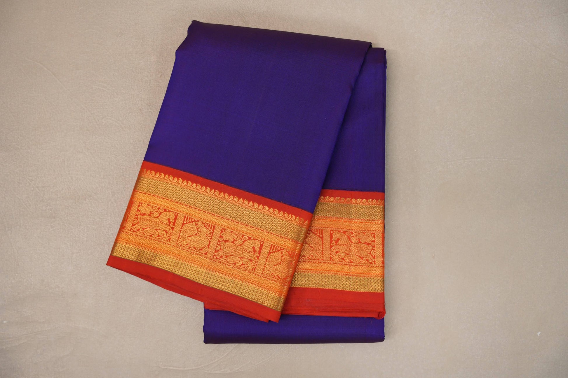 Deep Blue with Deep Orange Borders Vintage Kanjivaram Silk Saree