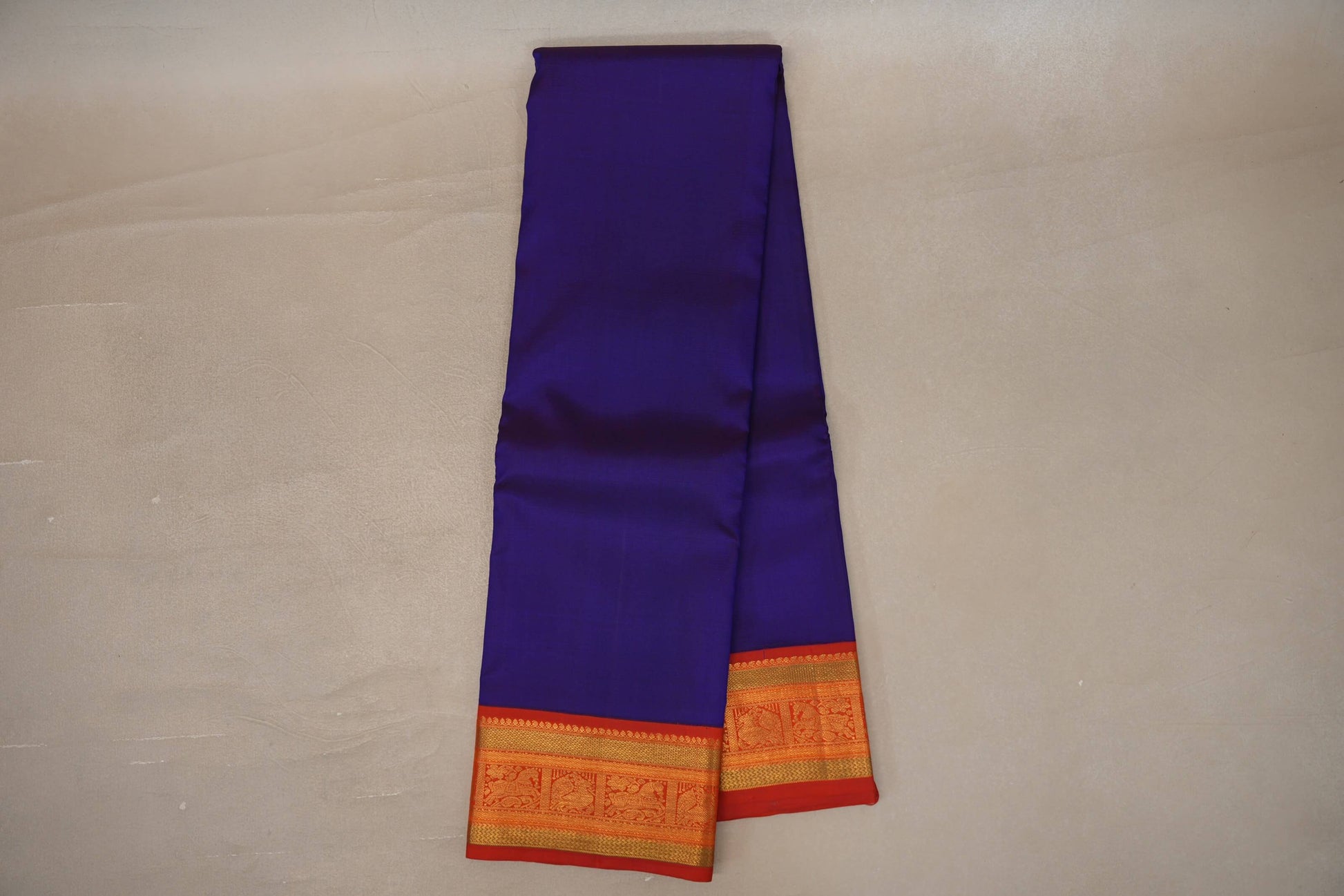 Online Deep Blue with Deep Orange Borders Vintage Kanjivaram Silk Saree
