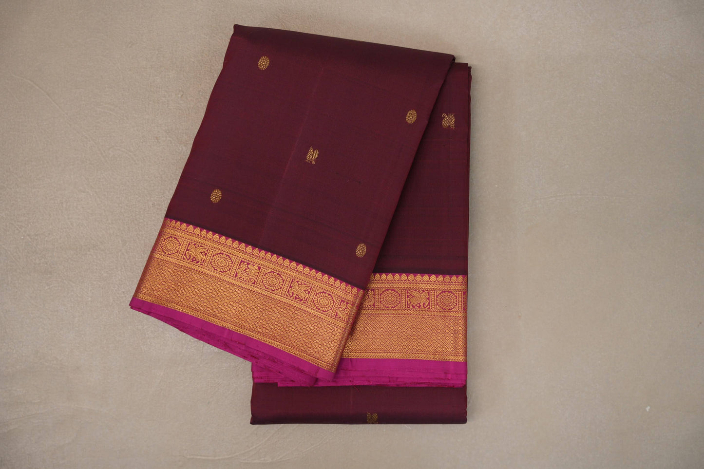 Deep Maroon with Bright Magenta Pink Borders Vintage Kanjivaram Silk Saree