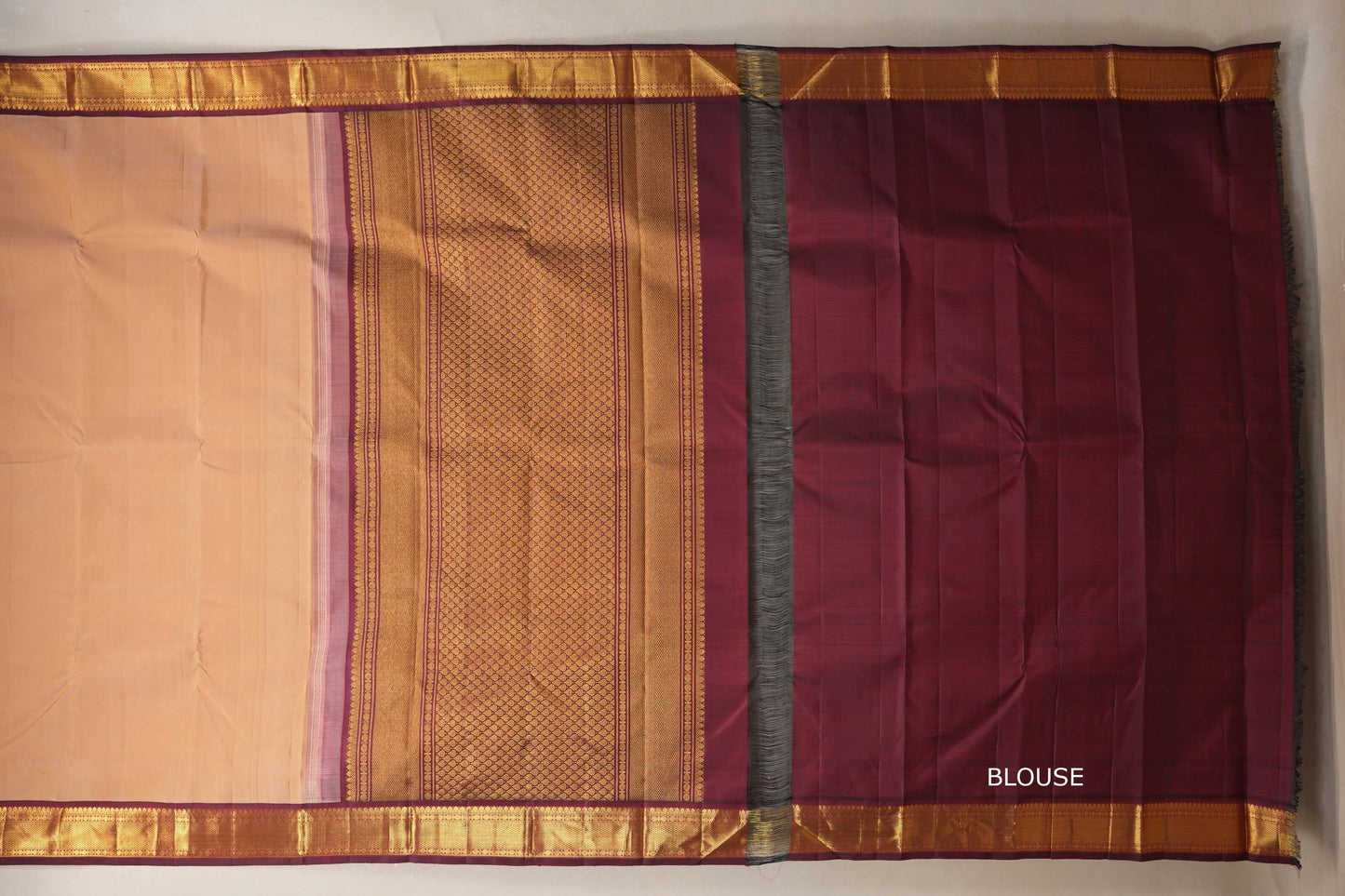 Beige Vintage Kanjivaram Silk Saree by Shreenivas Silks blouse
