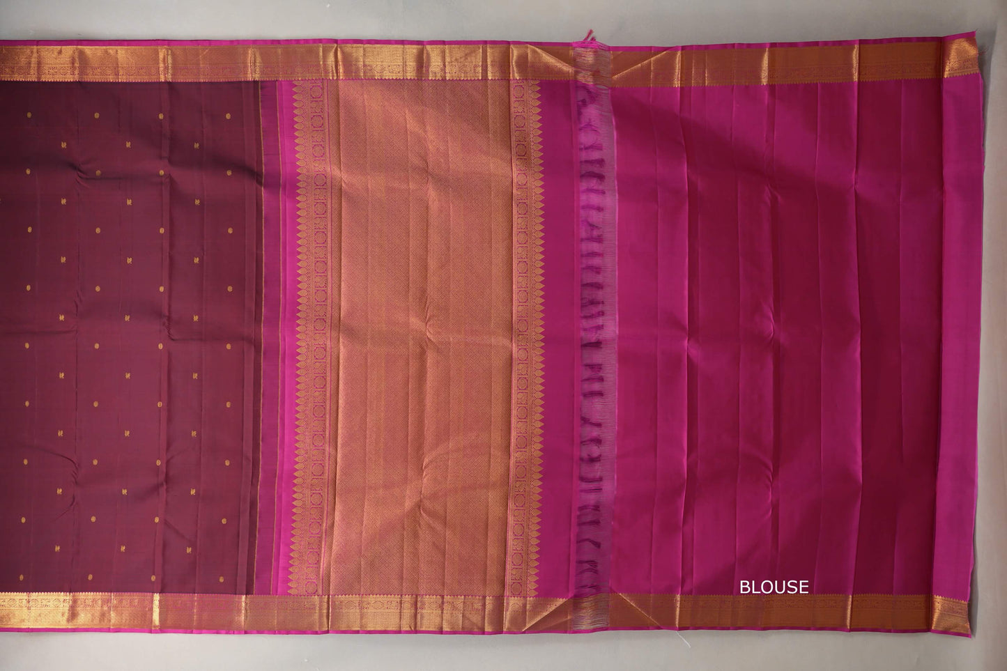 Deep Maroon with Bright Magenta Pink Borders Vintage Kanjivaram Silk Saree blouse