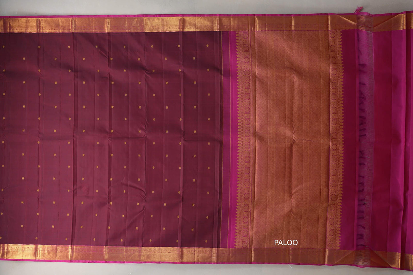 Deep Maroon with Bright Magenta Pink Borders Vintage Kanjivaram Silk Saree paloo