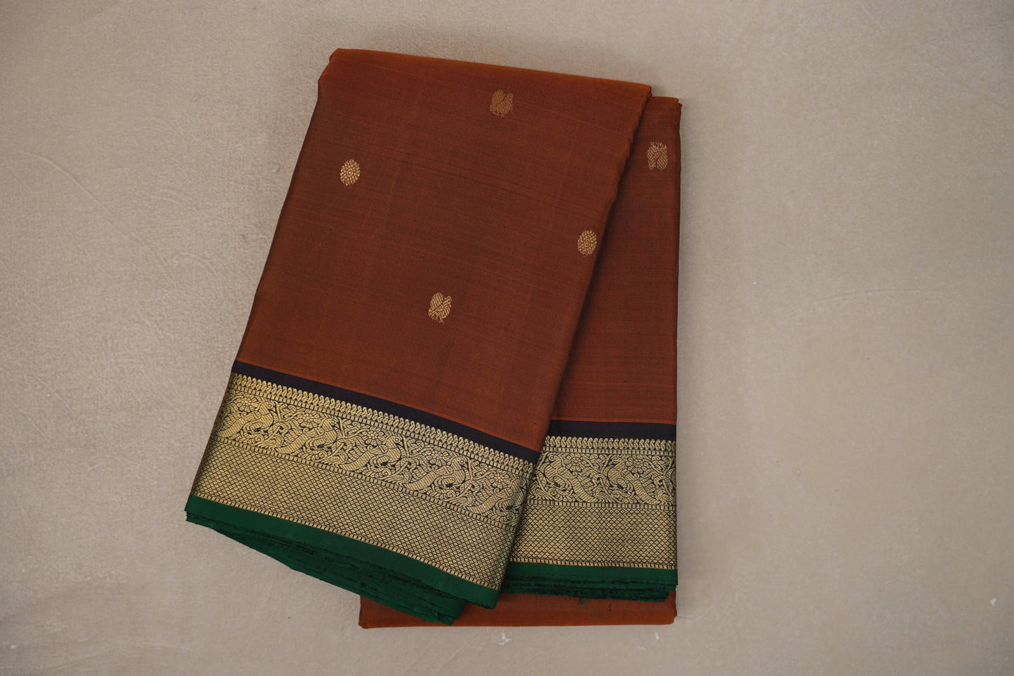 Rust Orange with Black & Dark Green Selvedge Borders Vintage Kanjivaram Silk Saree