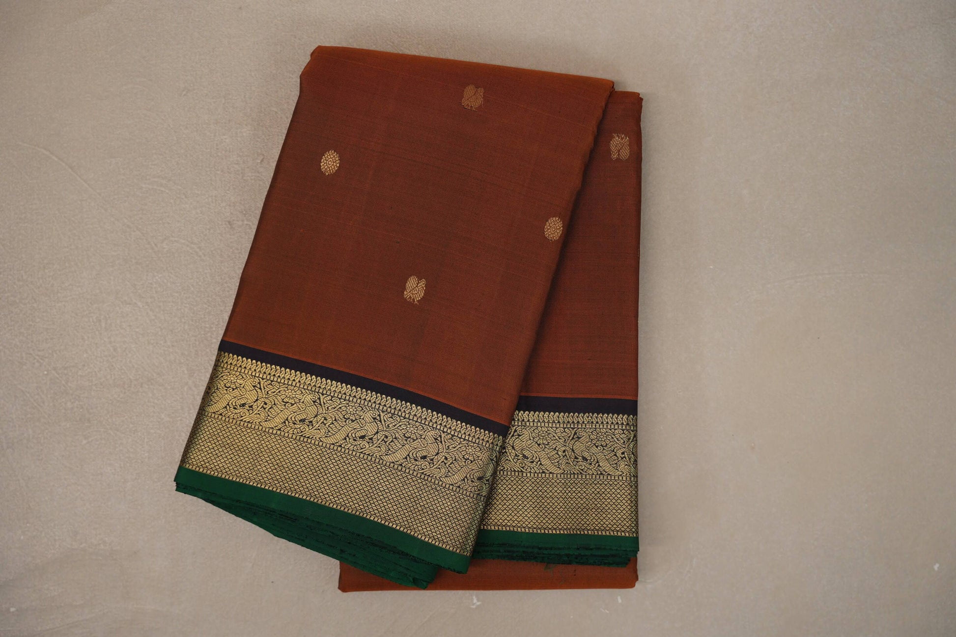 Rust Orange with Black & Dark Green Selvedge Borders Vintage Kanjivaram Silk Saree