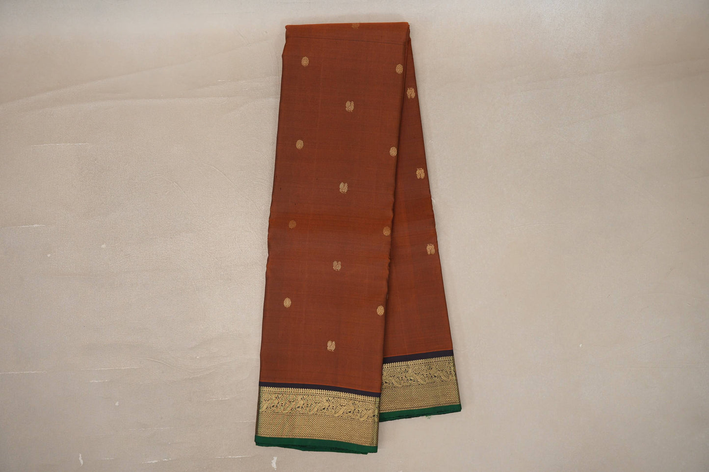 Online Rust Orange with Black & Dark Green Selvedge Borders Vintage Kanjivaram Silk Saree