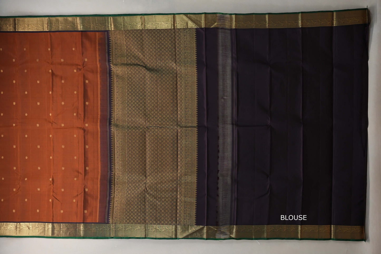 Rust Orange with Black & Dark Green Selvedge Borders Vintage Kanjivaram Silk Saree blouse