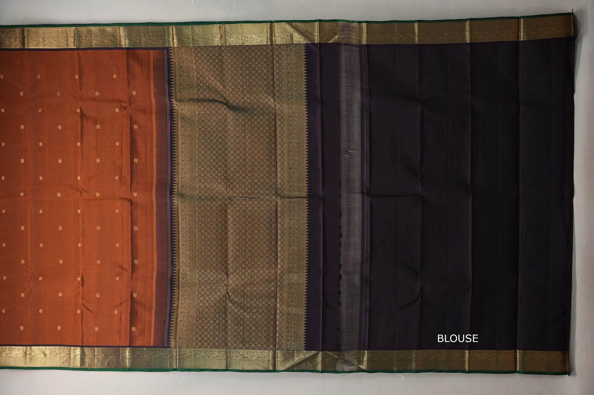 Rust Orange with Black & Dark Green Selvedge Borders Vintage Kanjivaram Silk Saree blouse