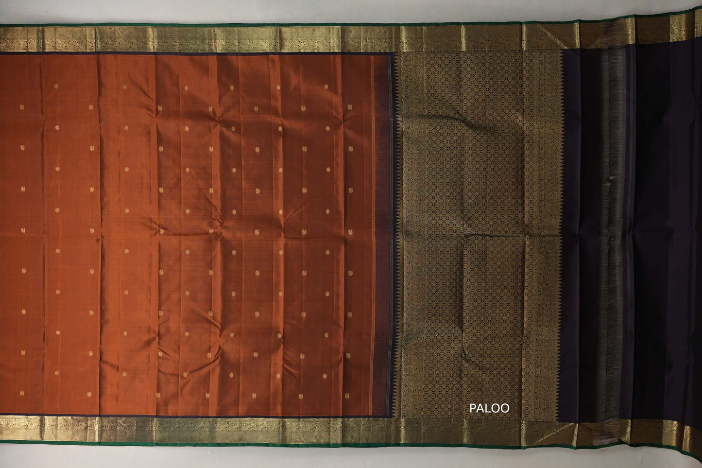 Rust Orange with Black & Dark Green Selvedge Borders Vintage Kanjivaram Silk Saree paloo