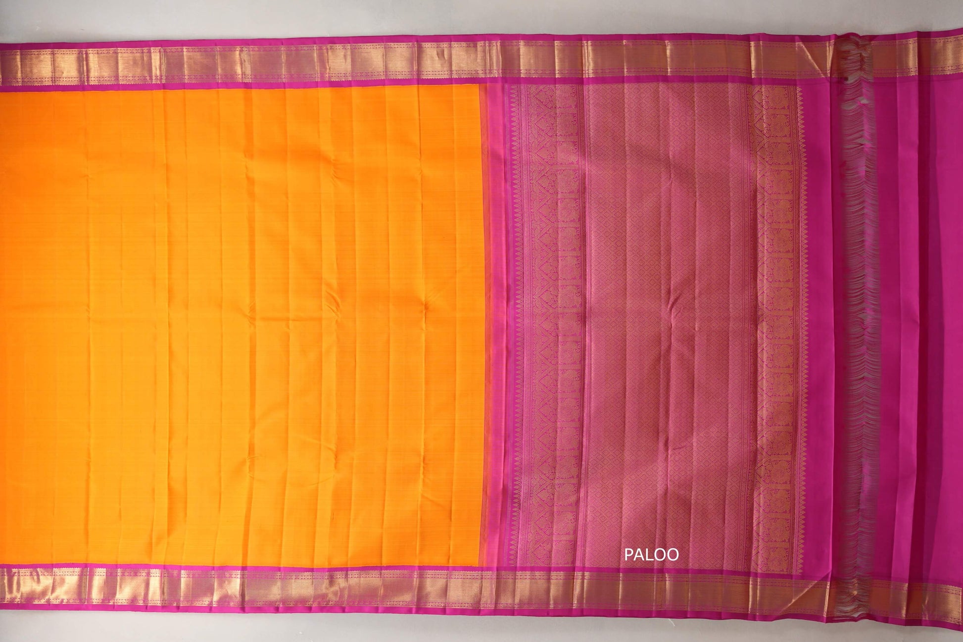 Mango Orange with Rani Pink Borders Vintage Kanjivaram Silk Saree paloo