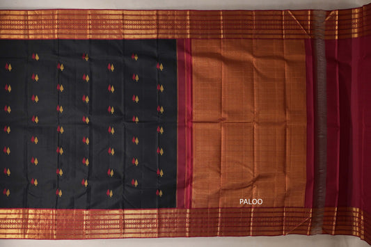 Black with multicolor border Vintage Kanjivaram Silk Saree by Shreenivas Silks  paloo