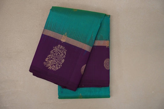 Dual Tone of Green and Blue with Deep Purple Borders Light Weight Kanchipuram Silk Saree 