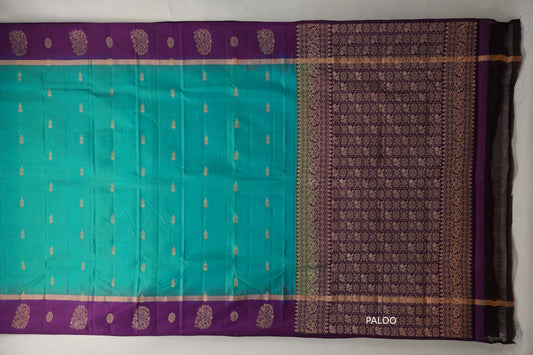 Dual Tone of Green and Blue with Deep Purple Borders Light Weight Kanchipuram Silk Saree paloo