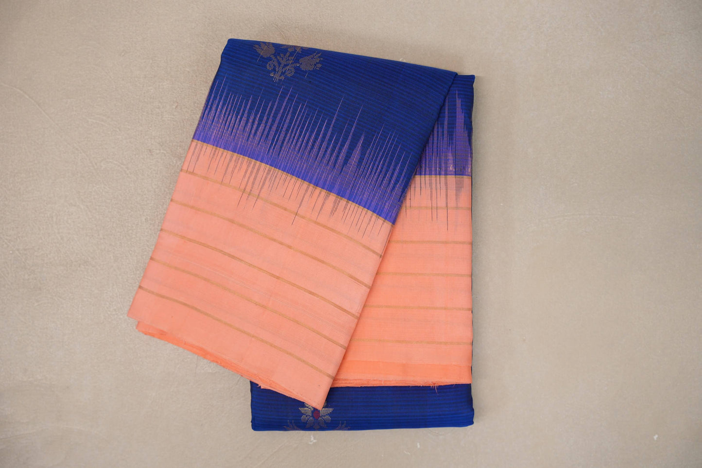 Deep Royal Blue with Light Salmon Borders Light Weight Kanchipuram Silk Saree