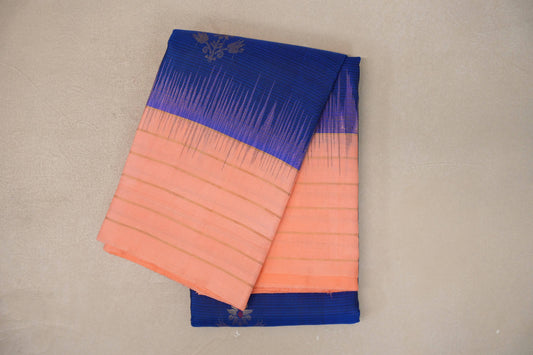 Deep Royal Blue with Light Salmon Borders Light Weight Kanchipuram Silk Saree