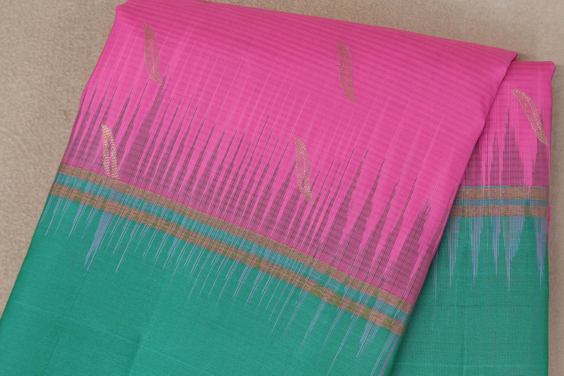 Bright Pink with Rama Green Borders Light Weight Kanchipuram Silk Saree body