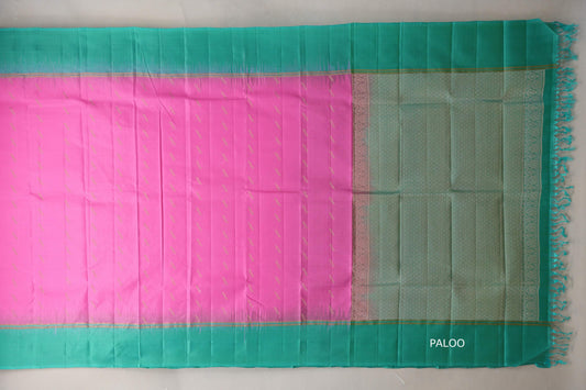 Bright Pink with Rama Green Borders Light Weight Kanchipuram Silk Saree paloo