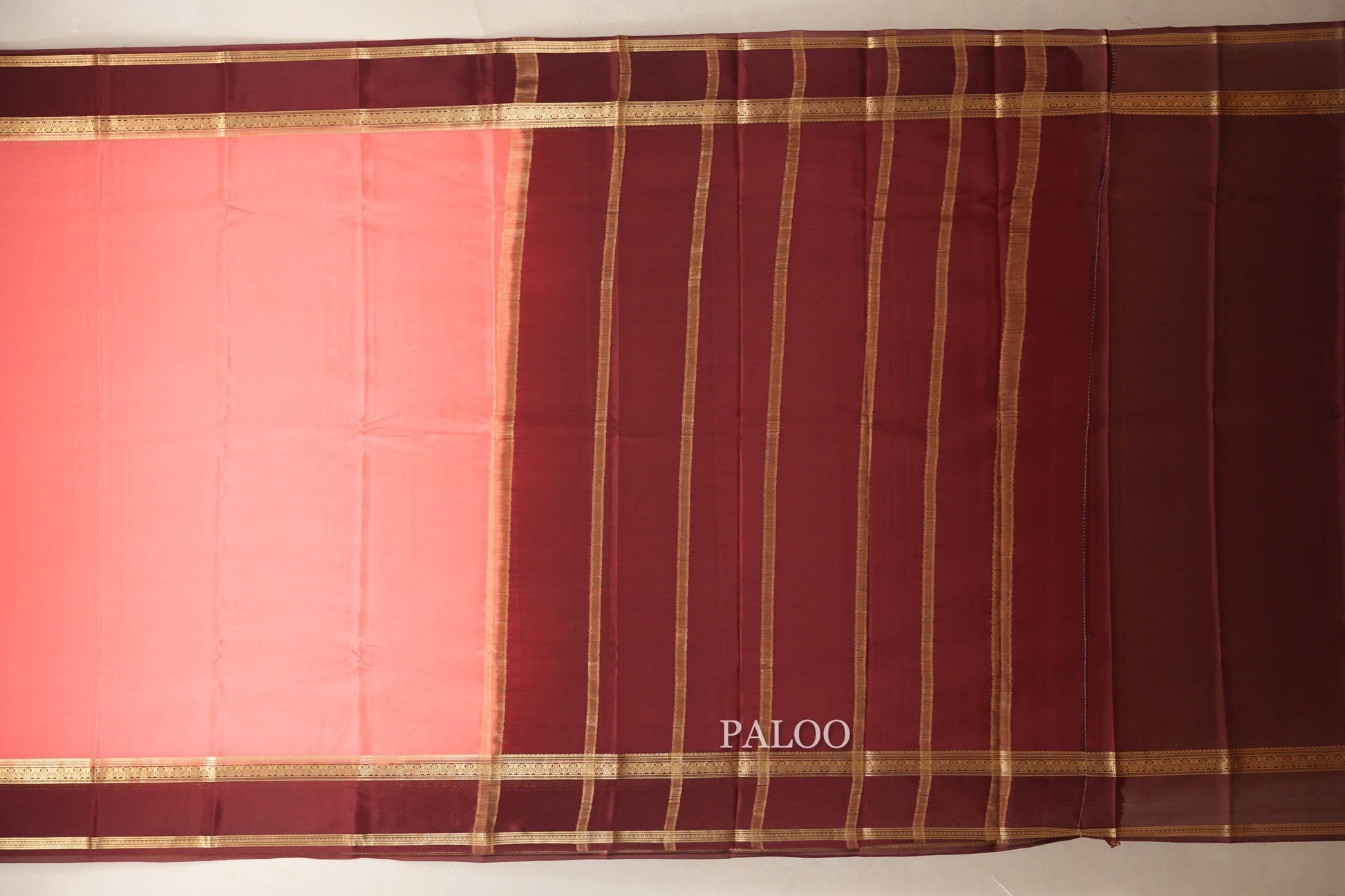 Peach Pink with Deep Maroon Borders Mysore Silk Saree paloo