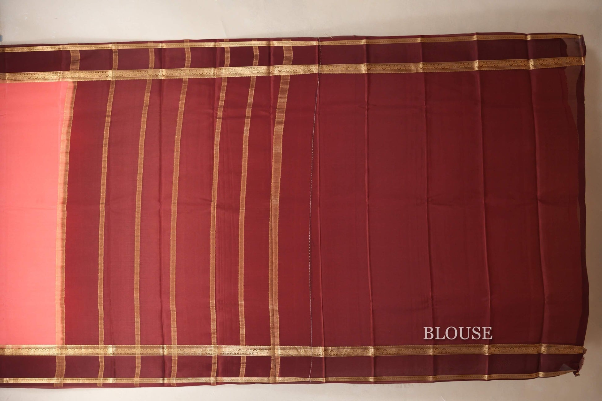 Peach Pink with Deep Maroon Borders Mysore Silk Saree blouse