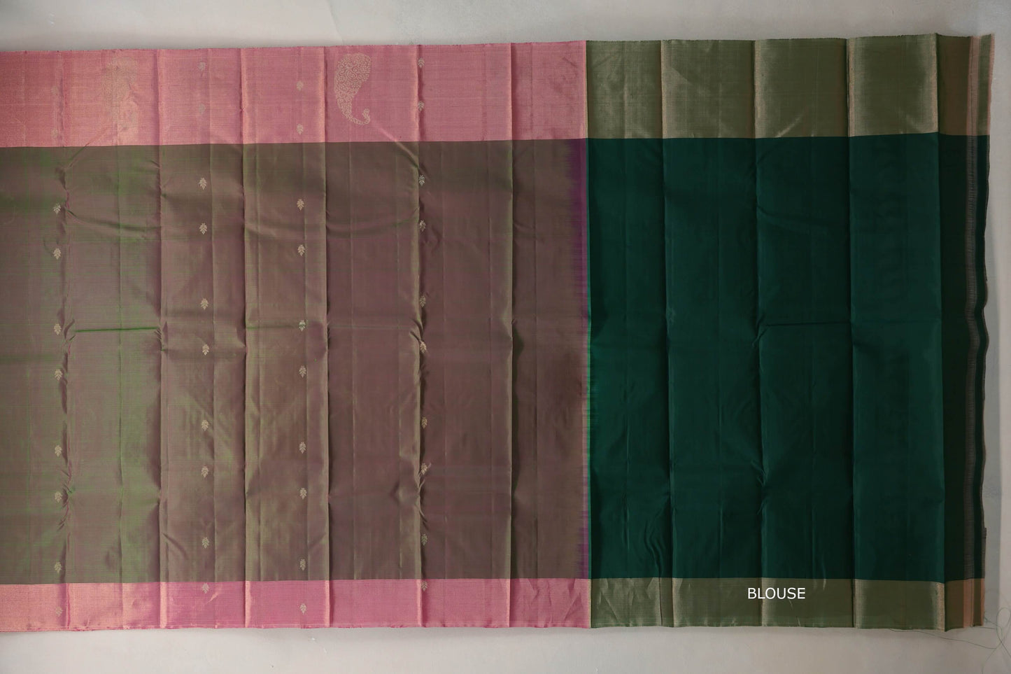 Dual Tone of Pink & Green with Dusty Pink Borders Light Weight Kanchipuram Silk Saree blouse