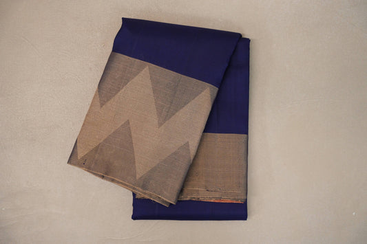 Navy Blue with Antique Gold Borders Light Weight Kanchipuram Silk Saree