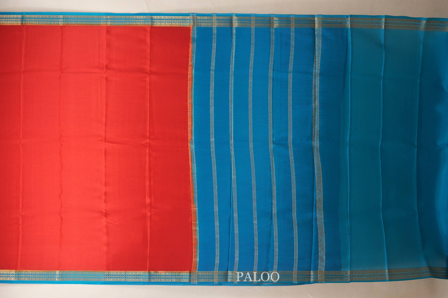 Red with Rama Blue Borders Mysore Silk Saree paloo